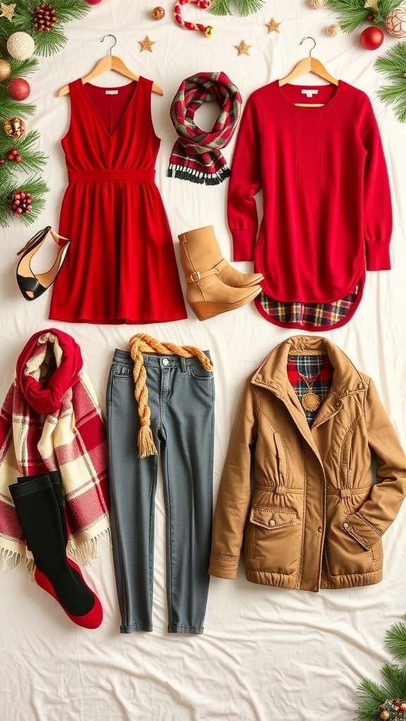 Stylish Christmas outfits for 30-year-olds displayed against a festive background.